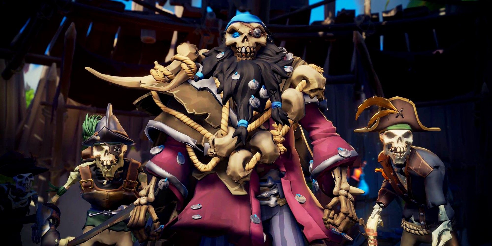 Skeleton Lord Graymarrow towers over the player with his skeleton minions in Sea of Thieves