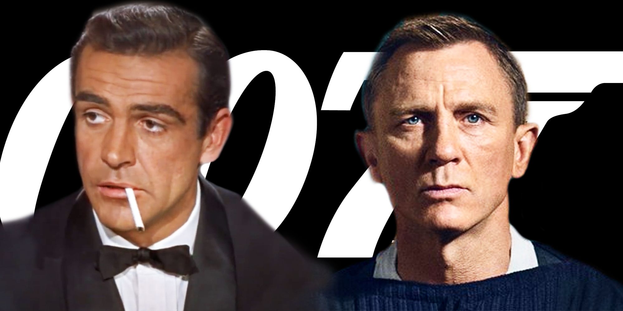 Sean Connery and Daniel Craig as James Bond in front of a 007 logo
