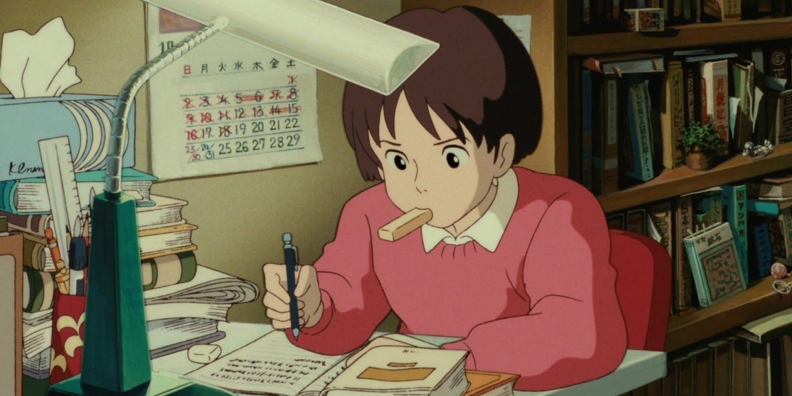 Shizuku sits at her desk, eating and writing something in Whisper of the Heart