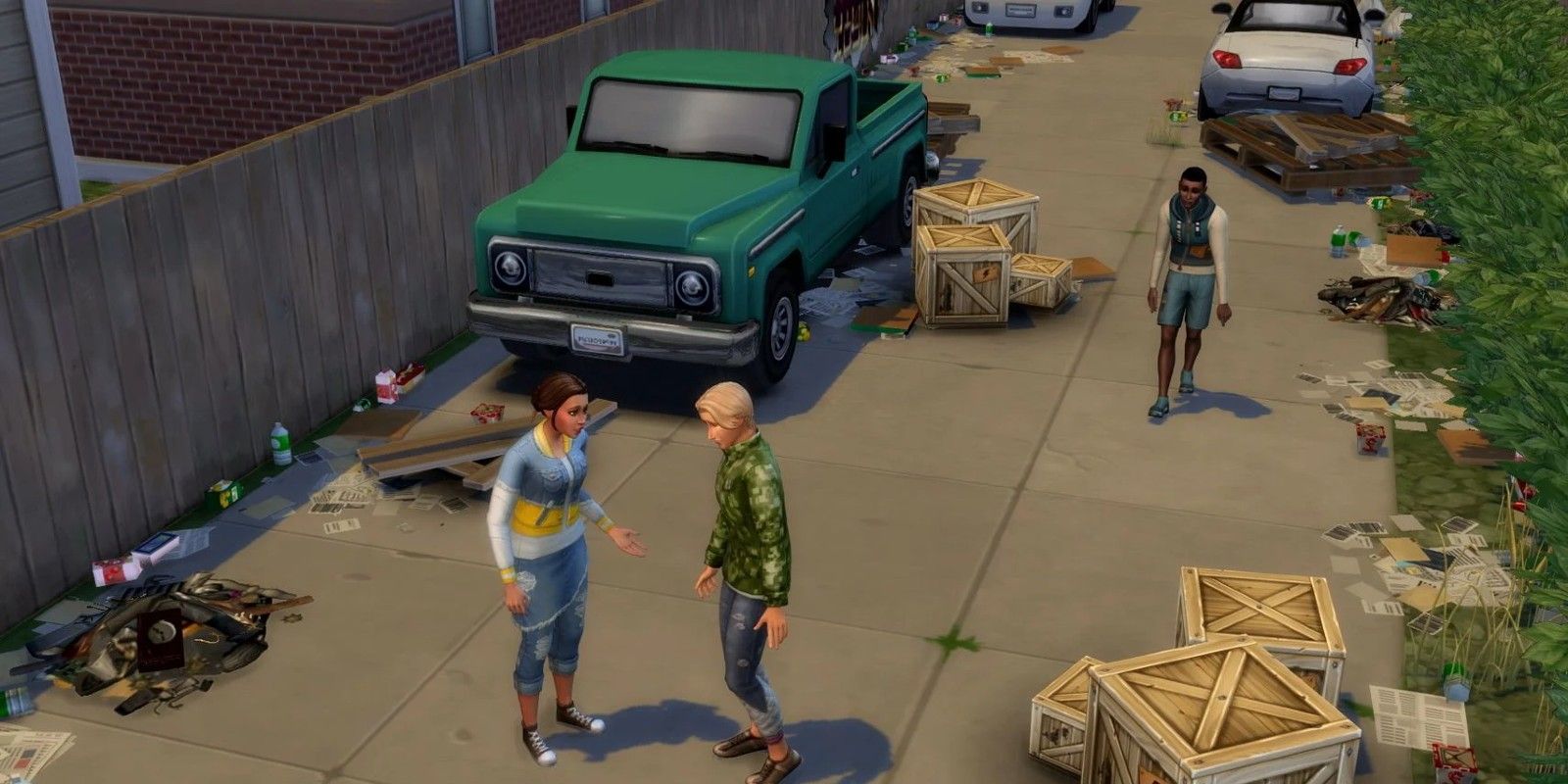 Two Sims stand in an alleyway with litter and talk in The Sims 4 Eco Lifestyle