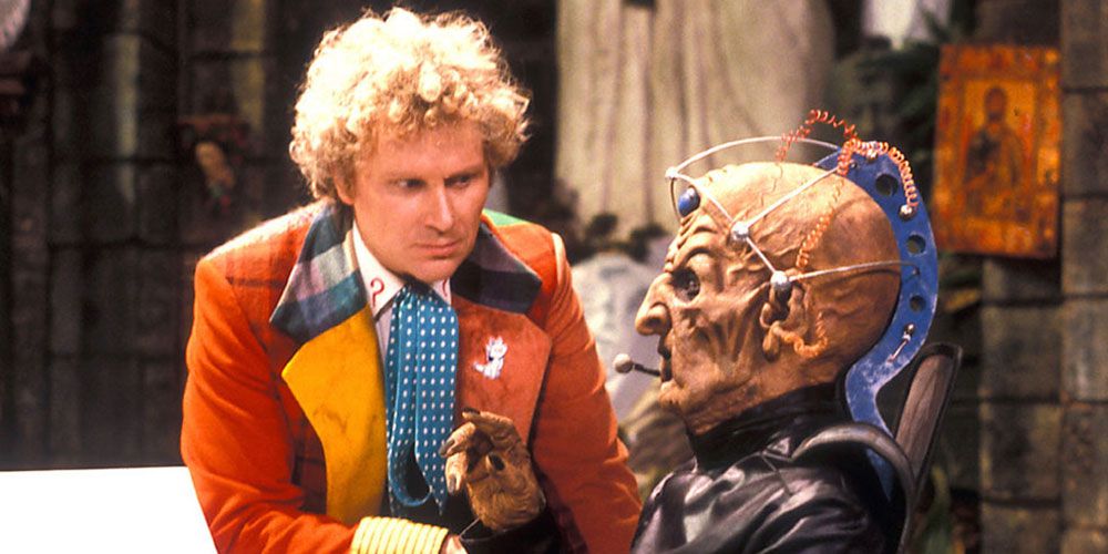 Colin Baker as the Sixth Doctor with Davros in Doctor Who