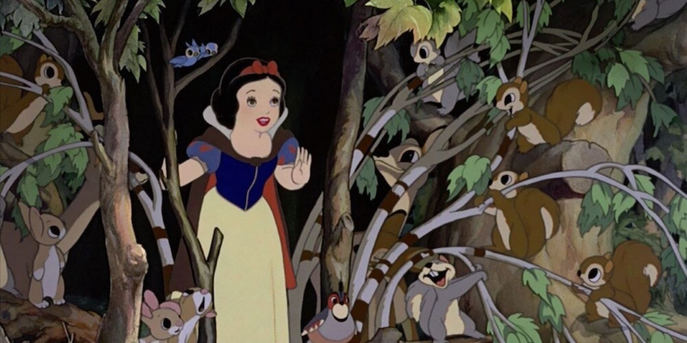 Snow White in the woods hiding with her animals