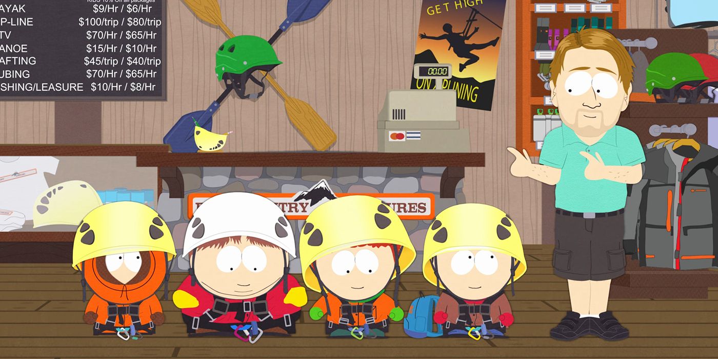 Kenny, Cartman, Kyle and Stan in ziplining gear in South Park