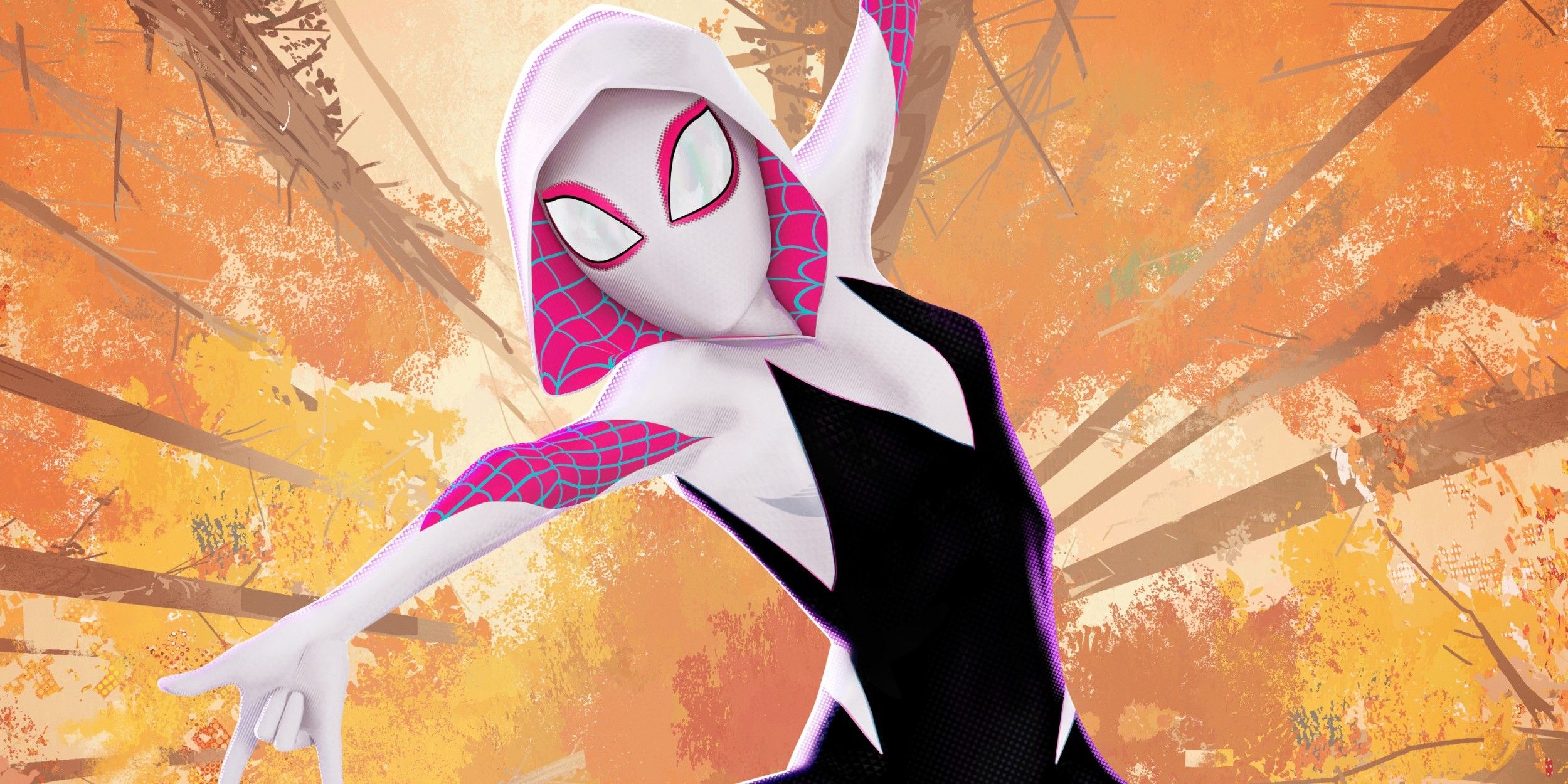 Spider-Gwen falls through the trees in Spider-Man Into the Spider-Verse
