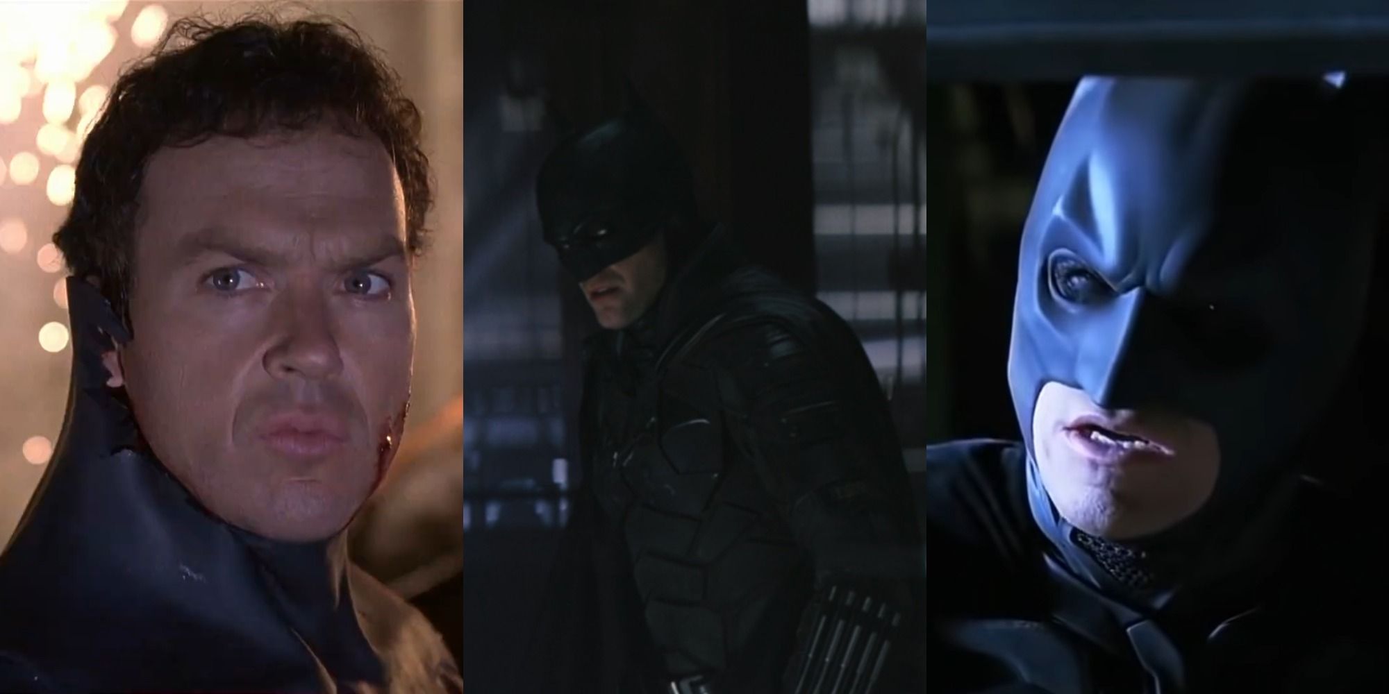 Split image of Batman unmasked in Batman Returns, Batman glaring at a Riddler cultist in The Batman, and Batman catching the Joker in The Dark Knight