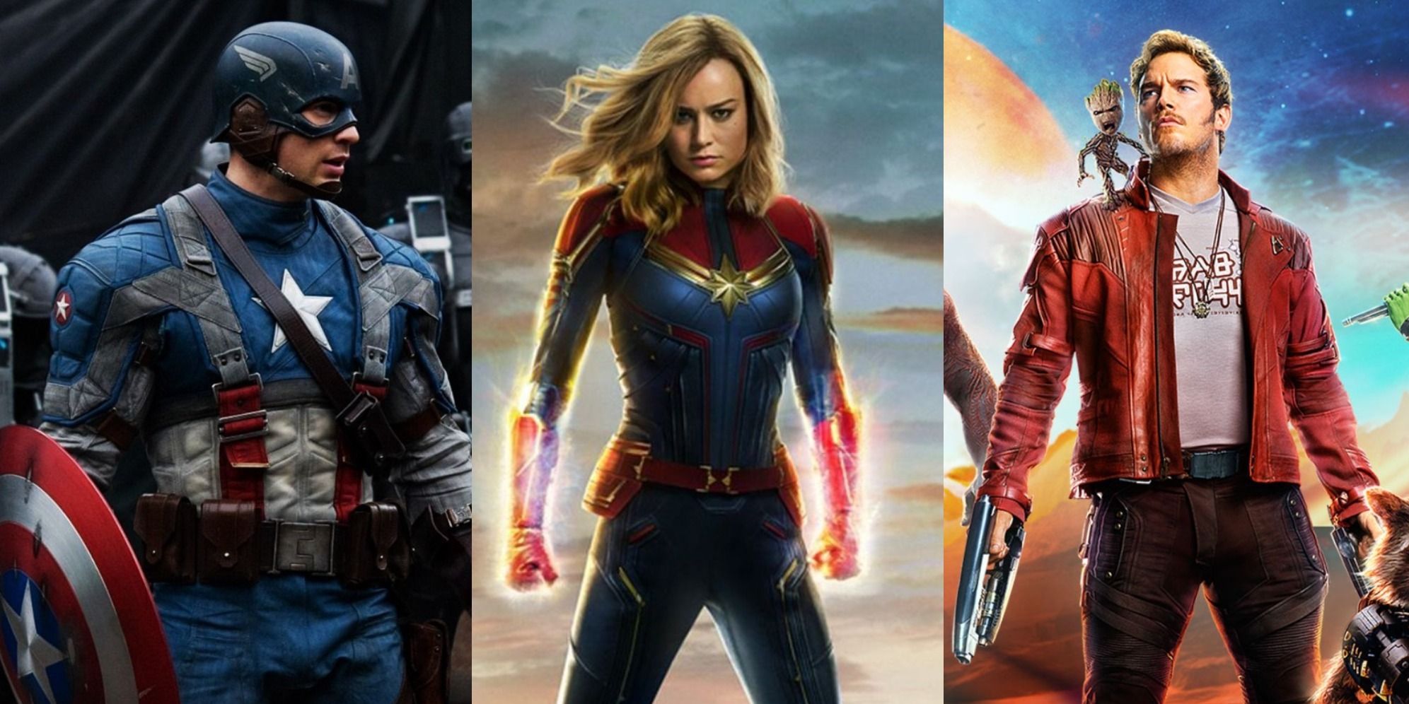 Split image of Captain America, Captain Marvel and Star-Lord in the MCU