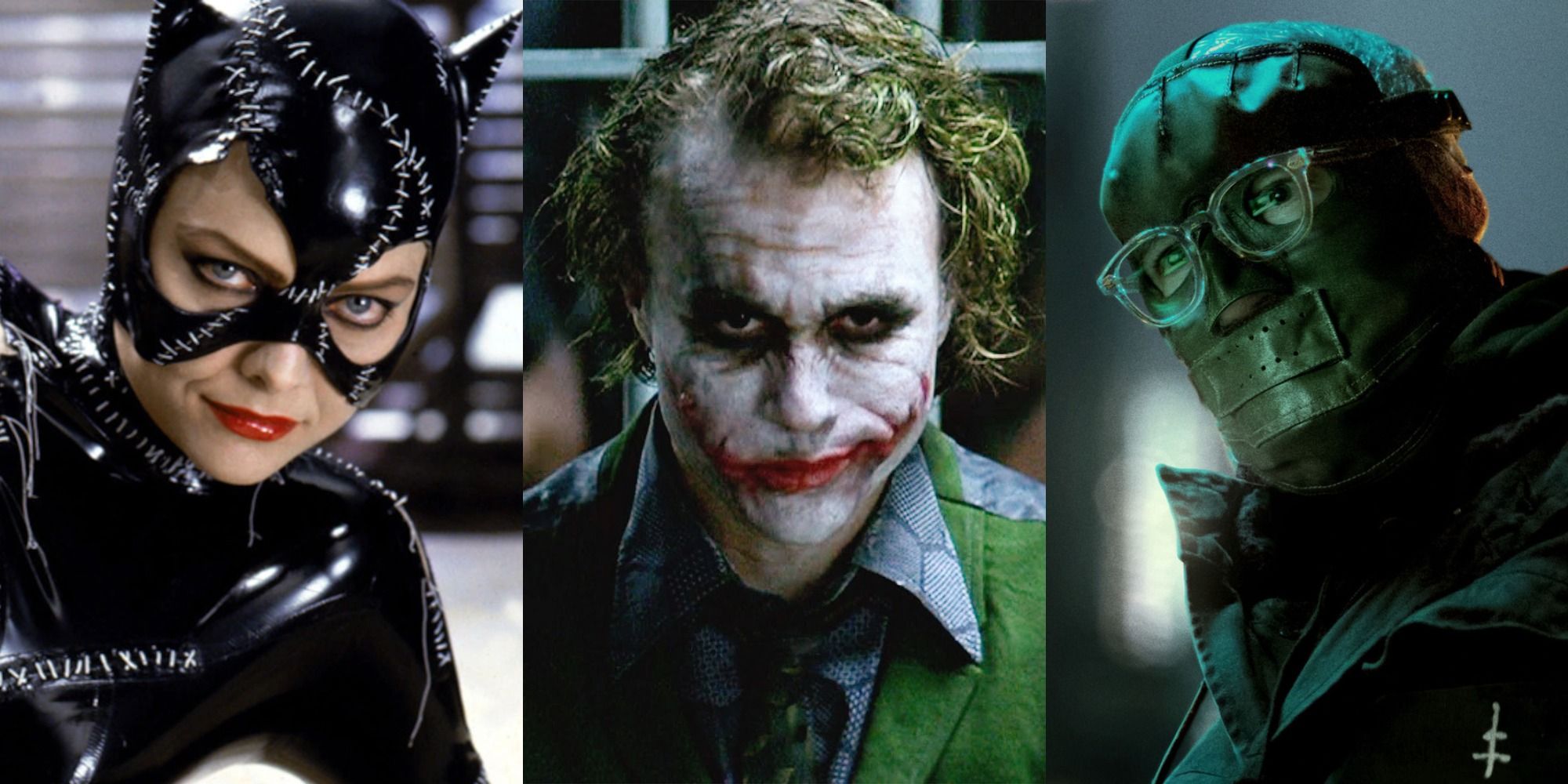 Split image of Catwoman, Joker and The Riddler from Batman movies