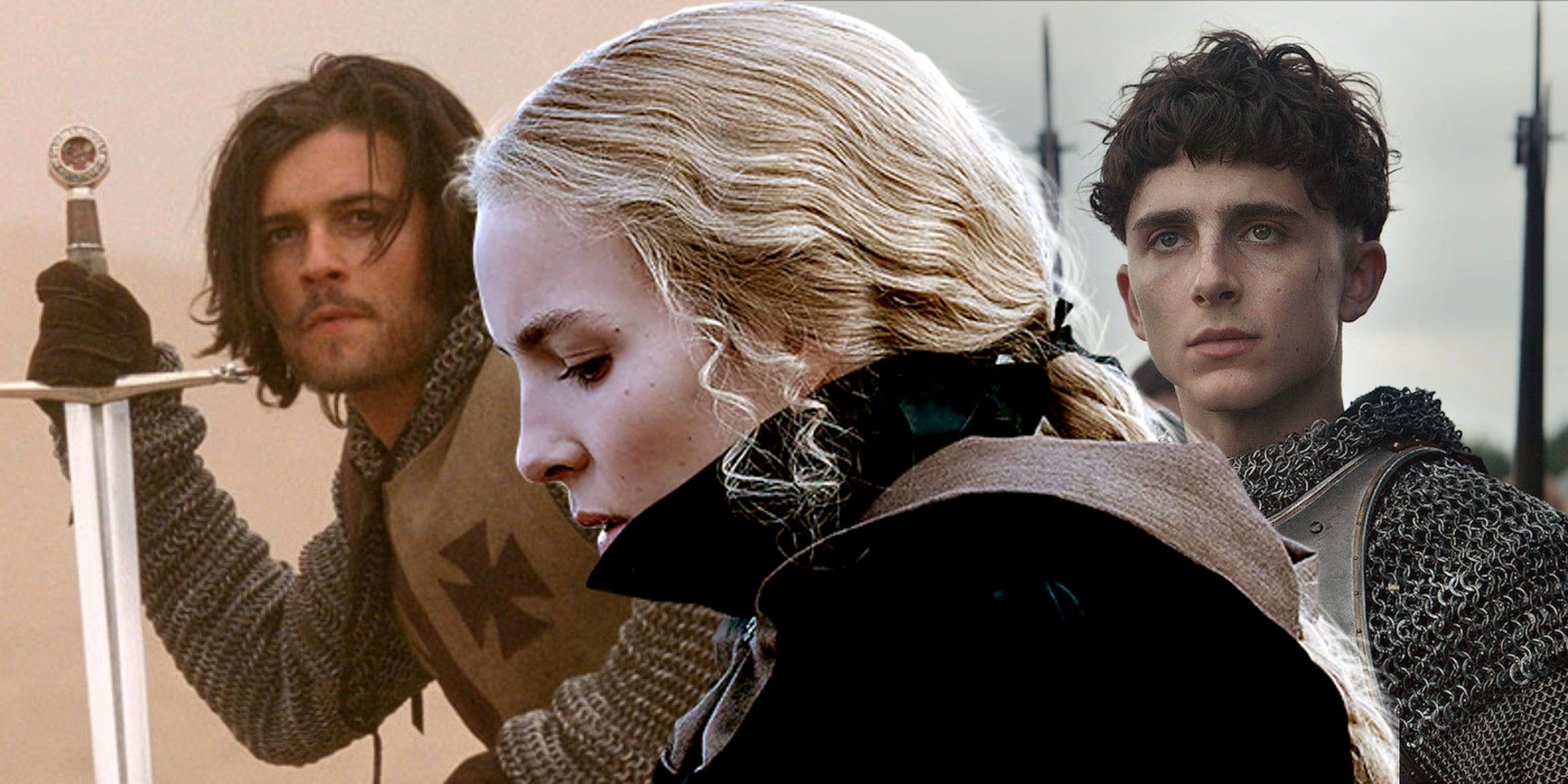 Split image of Orlando Bloom in Kingdom of Heaven, Jodie Comer in The Last Duel and Timothee Chalamet in The King