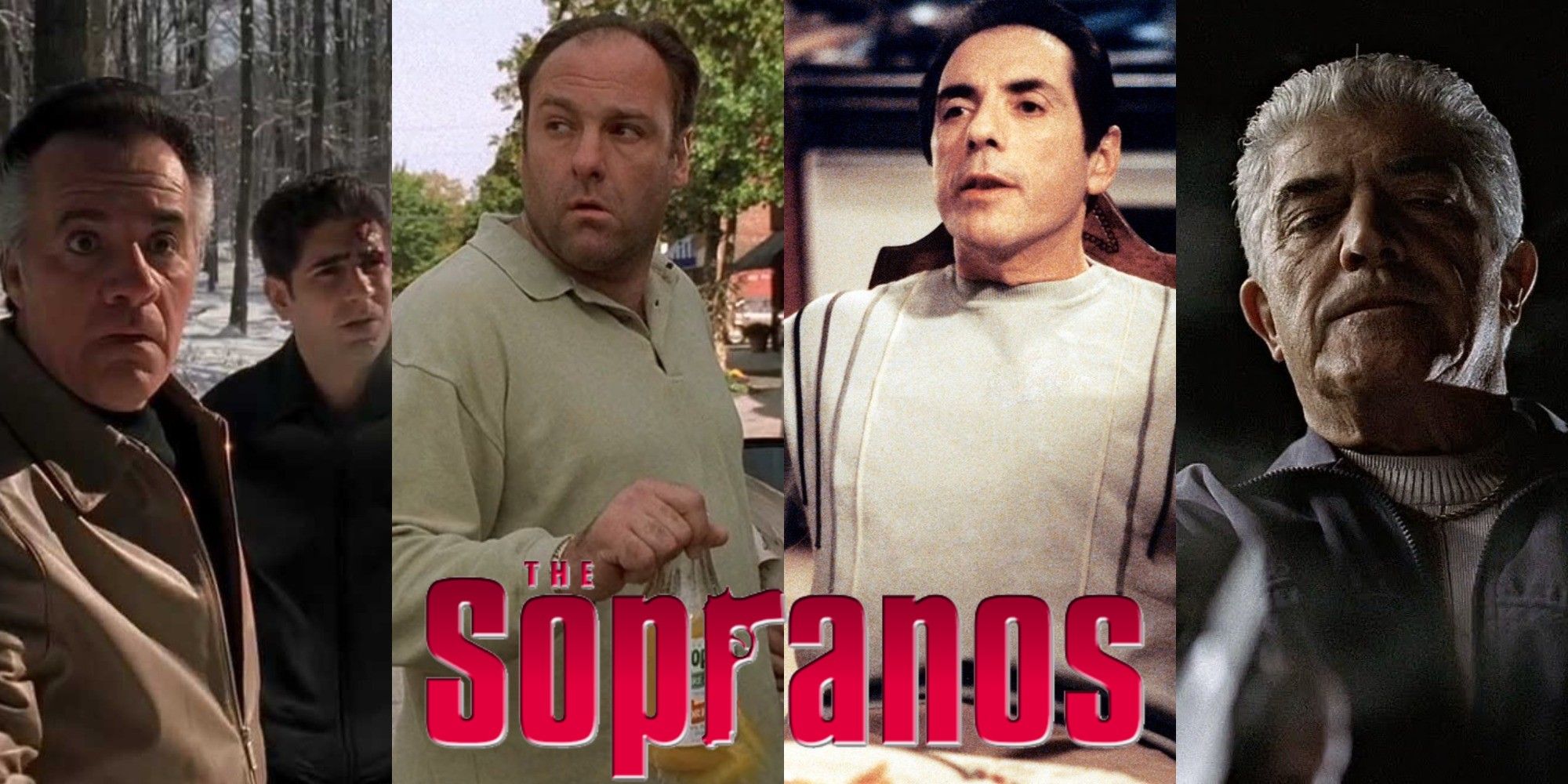 Split image of Paulie, Christopher, Tony, Richie and Phil from The Sopranos