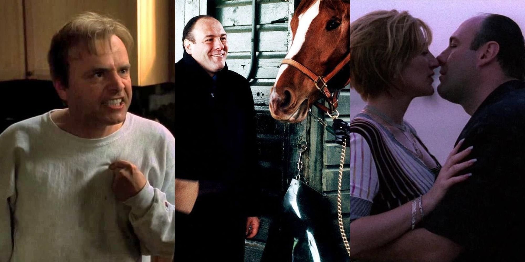 Split image of Ralphie, Tony with Pie O My, and Tony and Carmela in The Sopranos season 4