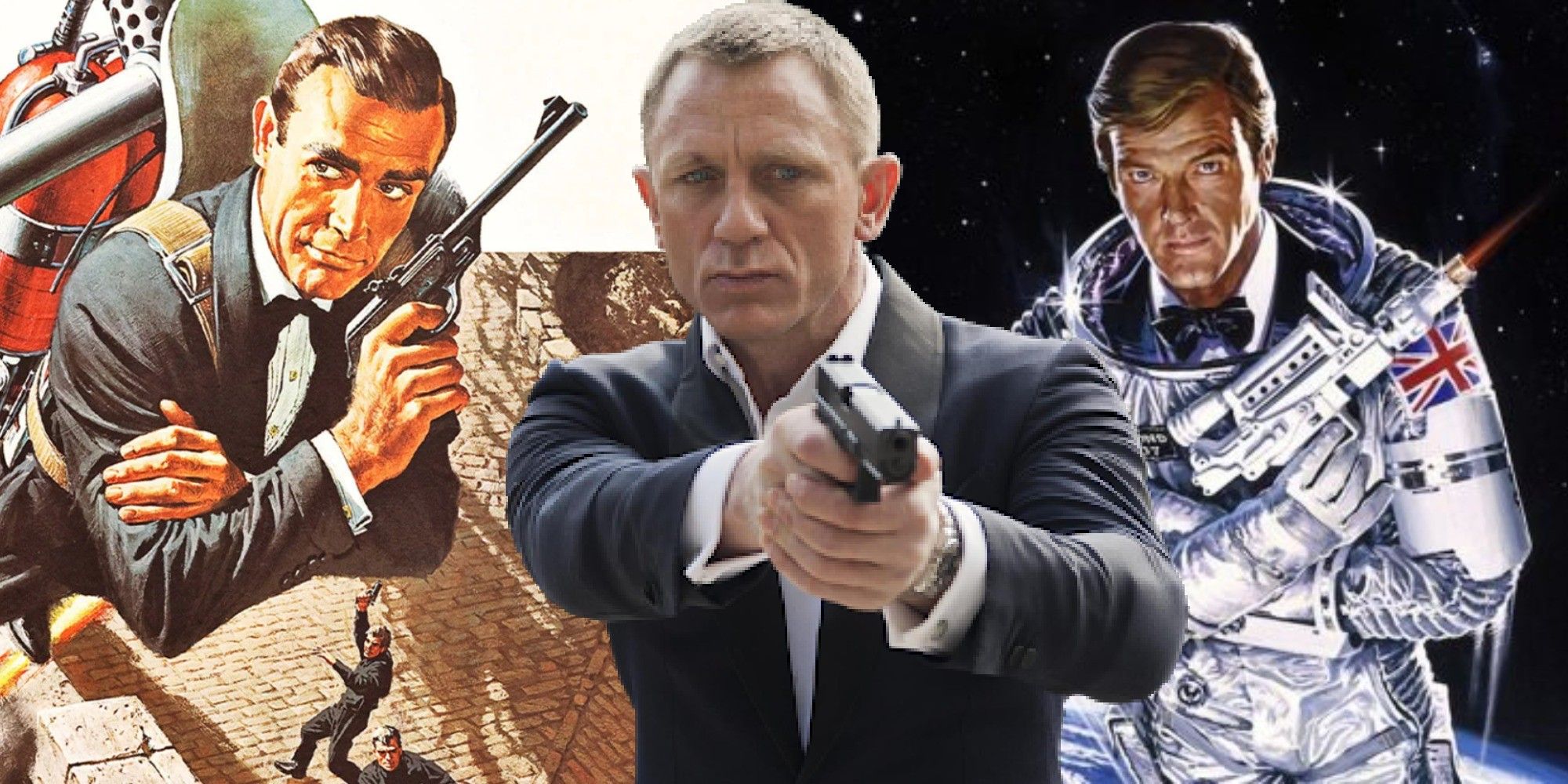 Split image of Sean Connery Daniel Craig and Roger Moore as James Bond