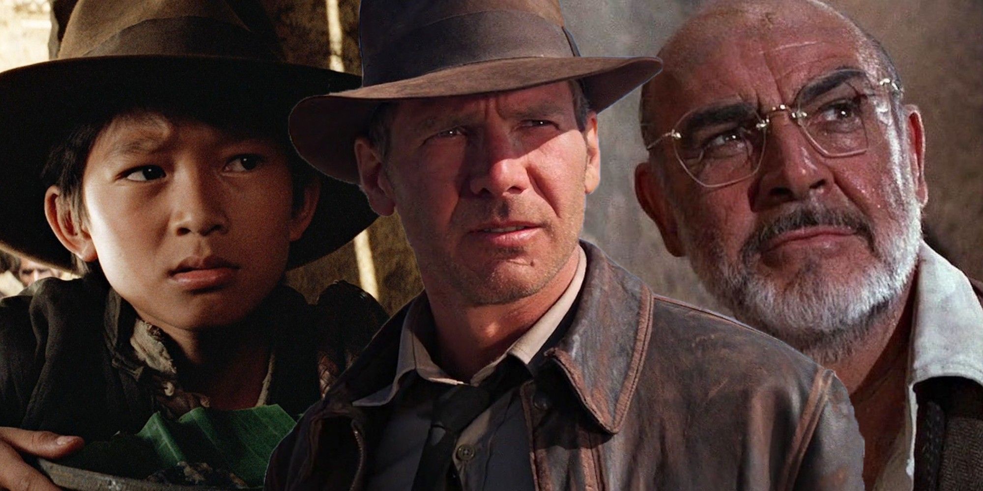 Split image of Short Round, Indiana Jones and Henry Jones from the Indiana Jones movies