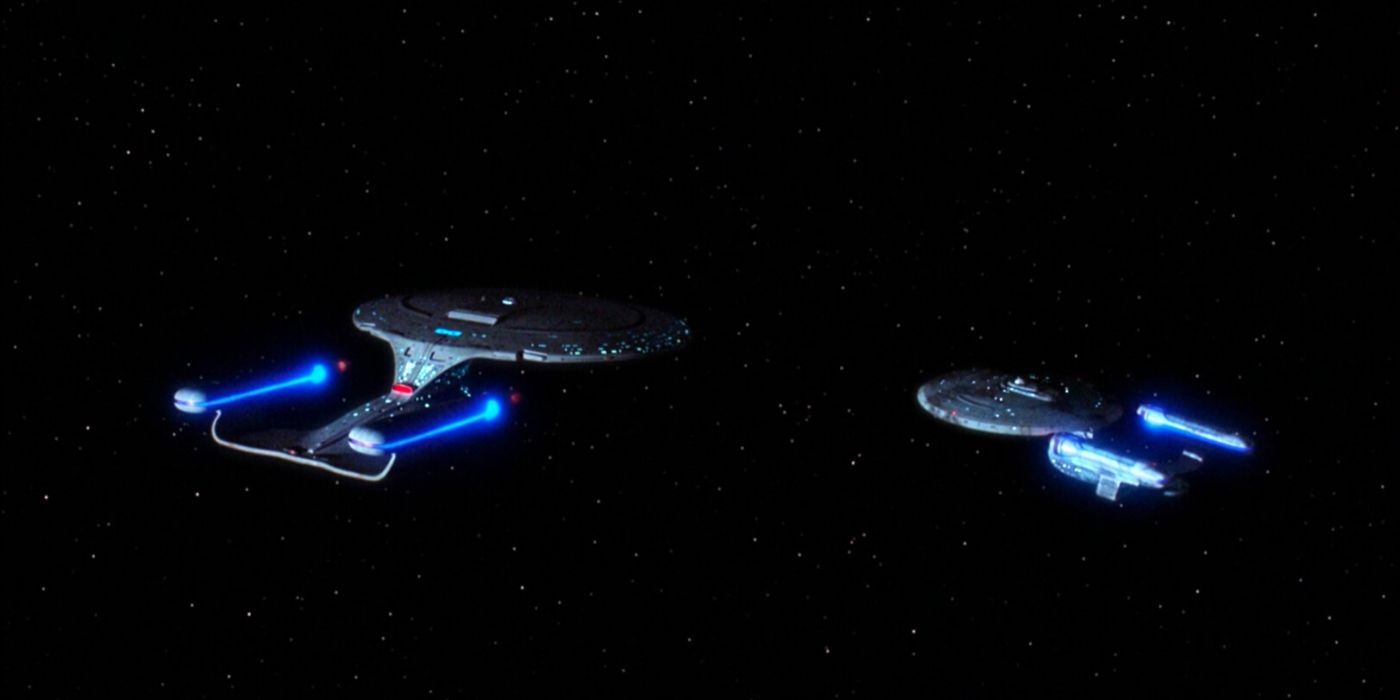 The Enterprise-C alongside the Enterprise-D in &quot;Yesterday's Enterprise.&quot;