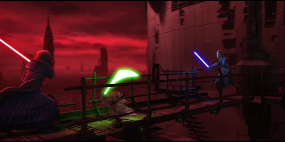 Yoda and Anakin Skywalker battle Darth Sidious In Star Wars The Clone Wars