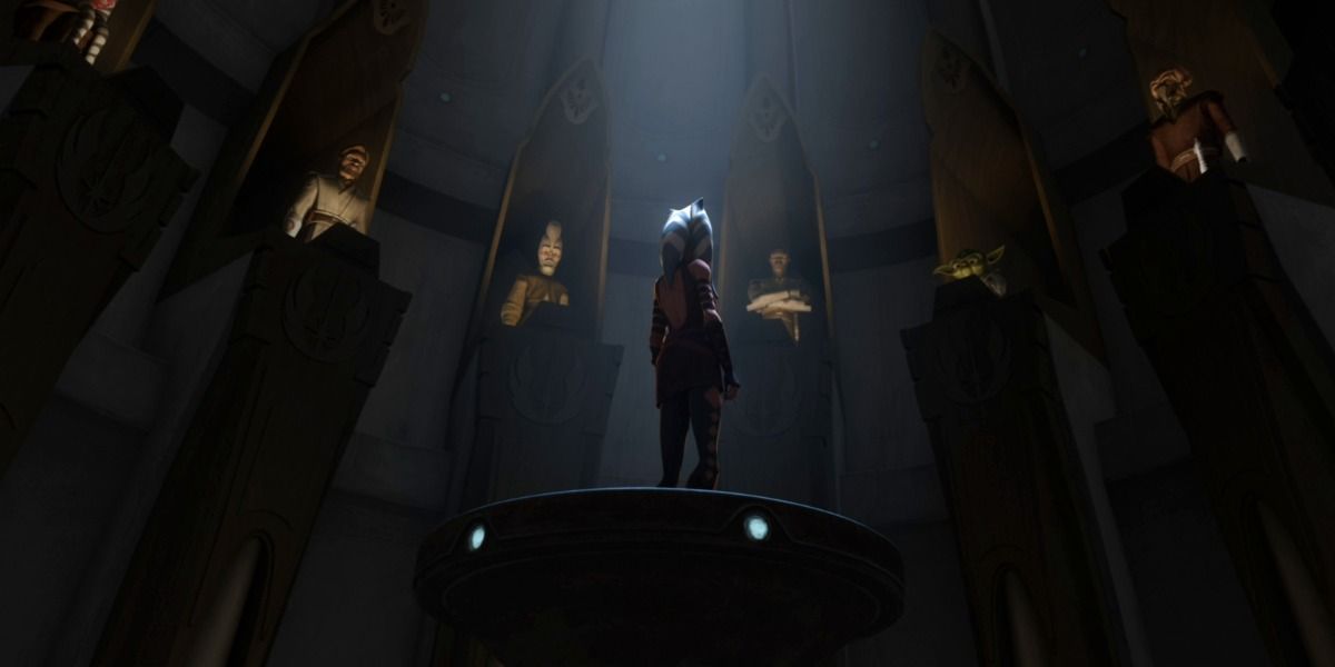 The Jedi Council put Ahsoka on trial and banish her from the Jedi Order in the Clone Wars.