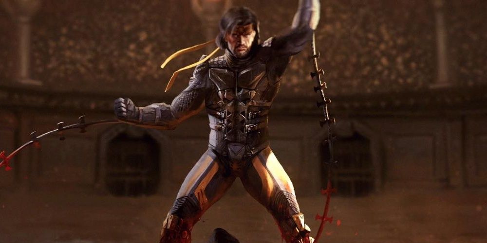Takeda's battle pose in Mortal Kombat IX, whip blades unfurled. 