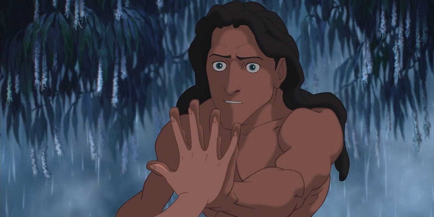 Tarzan locking hands with Jane up in the trees