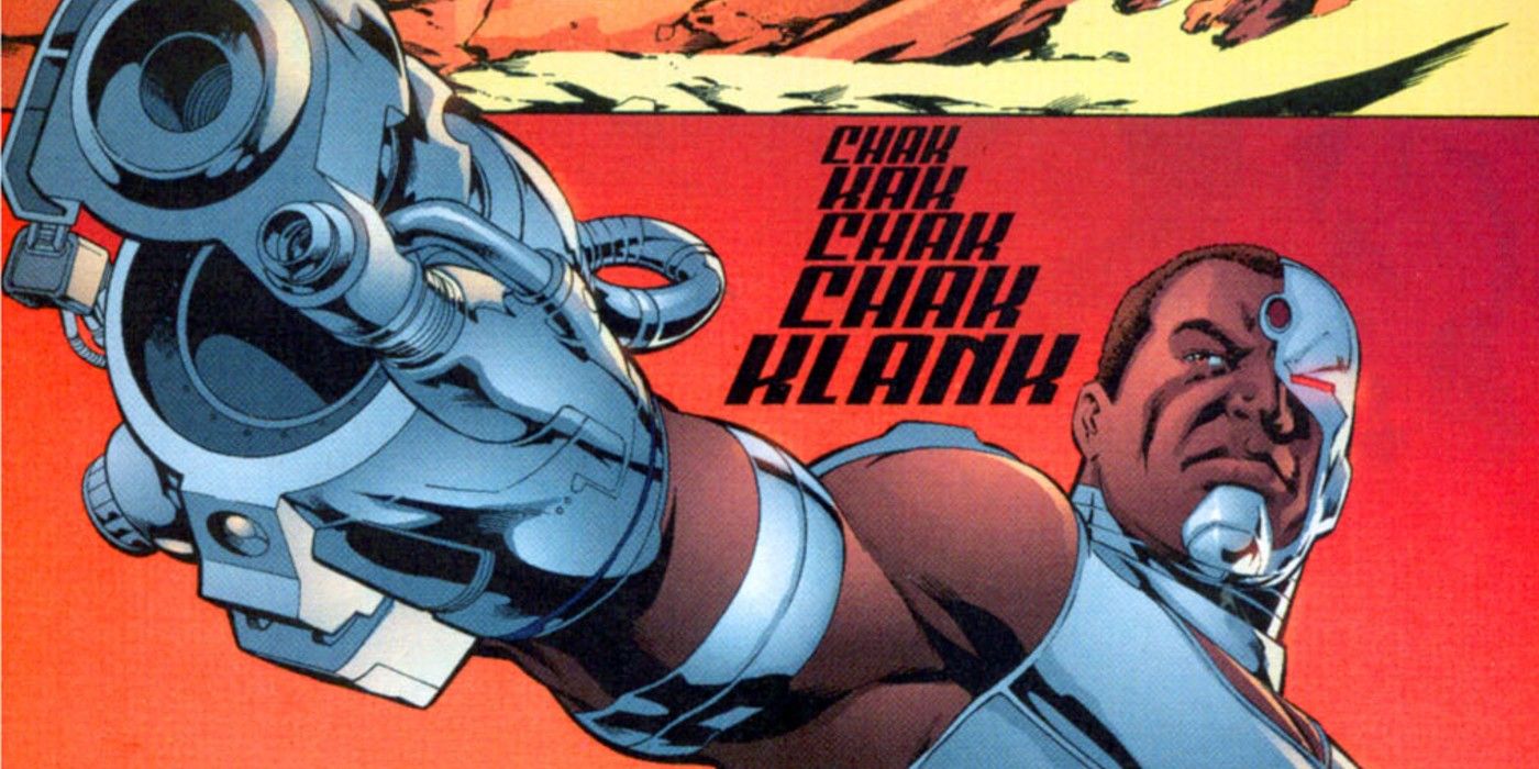 Cyborg sticks his arm cannon out in a DC comic book.