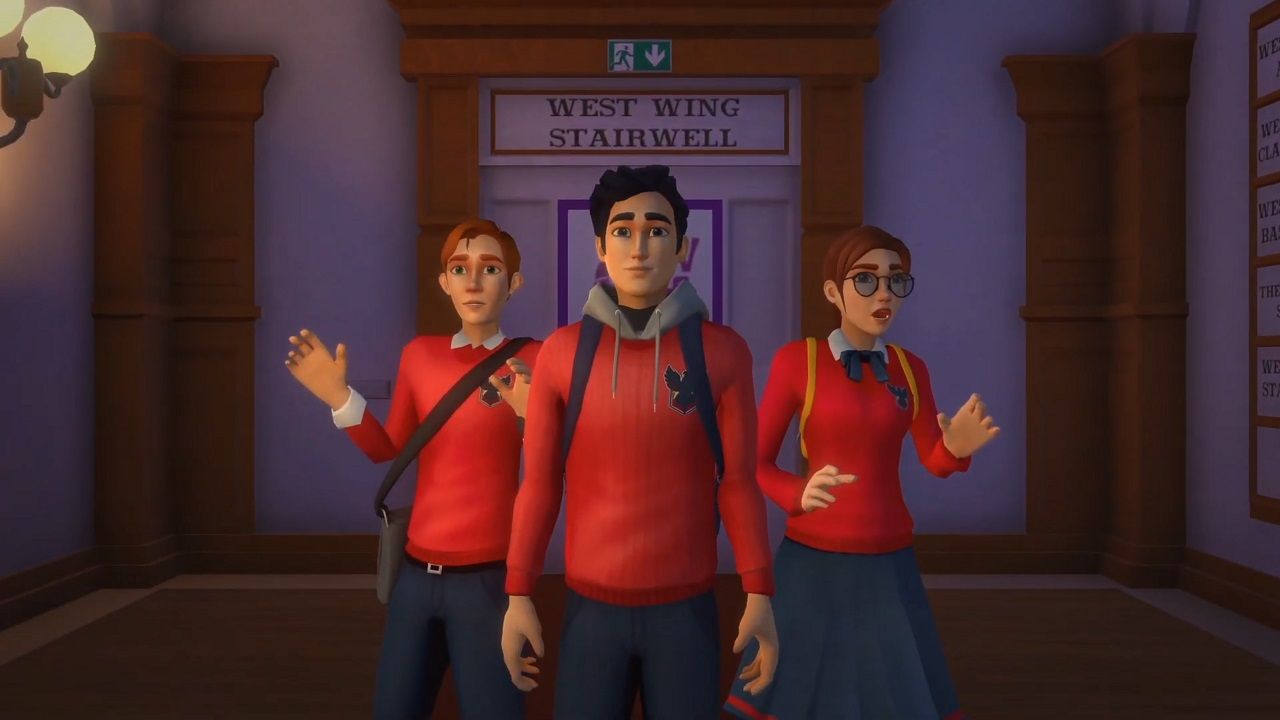 The Academy The First Riddle Dom, Sam, and Maya in front of the West Wing