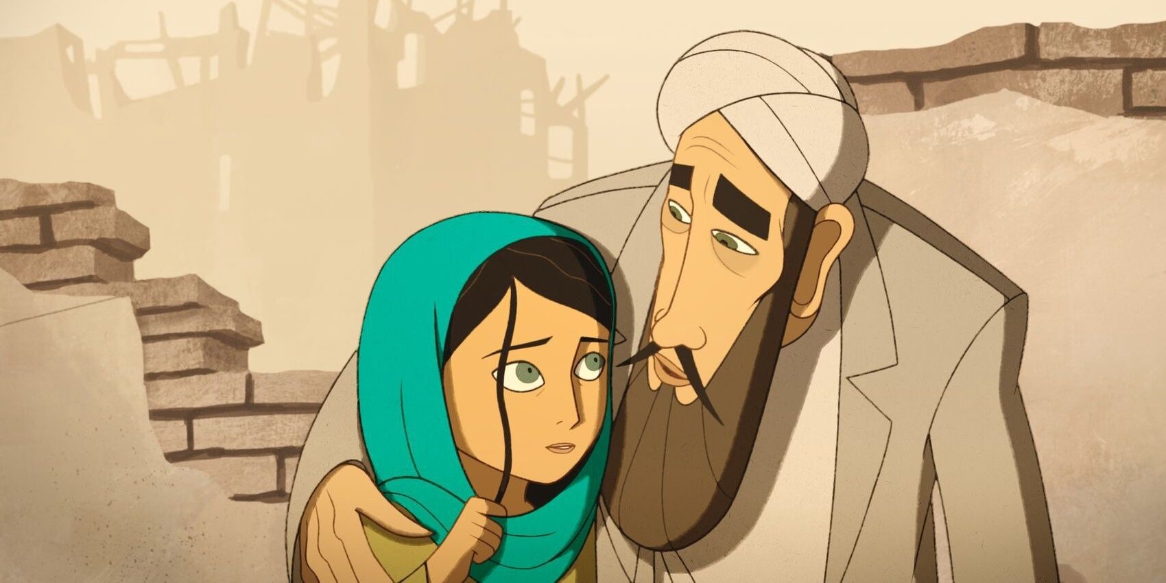 Parvana and her father walk together in The Breadwinner.