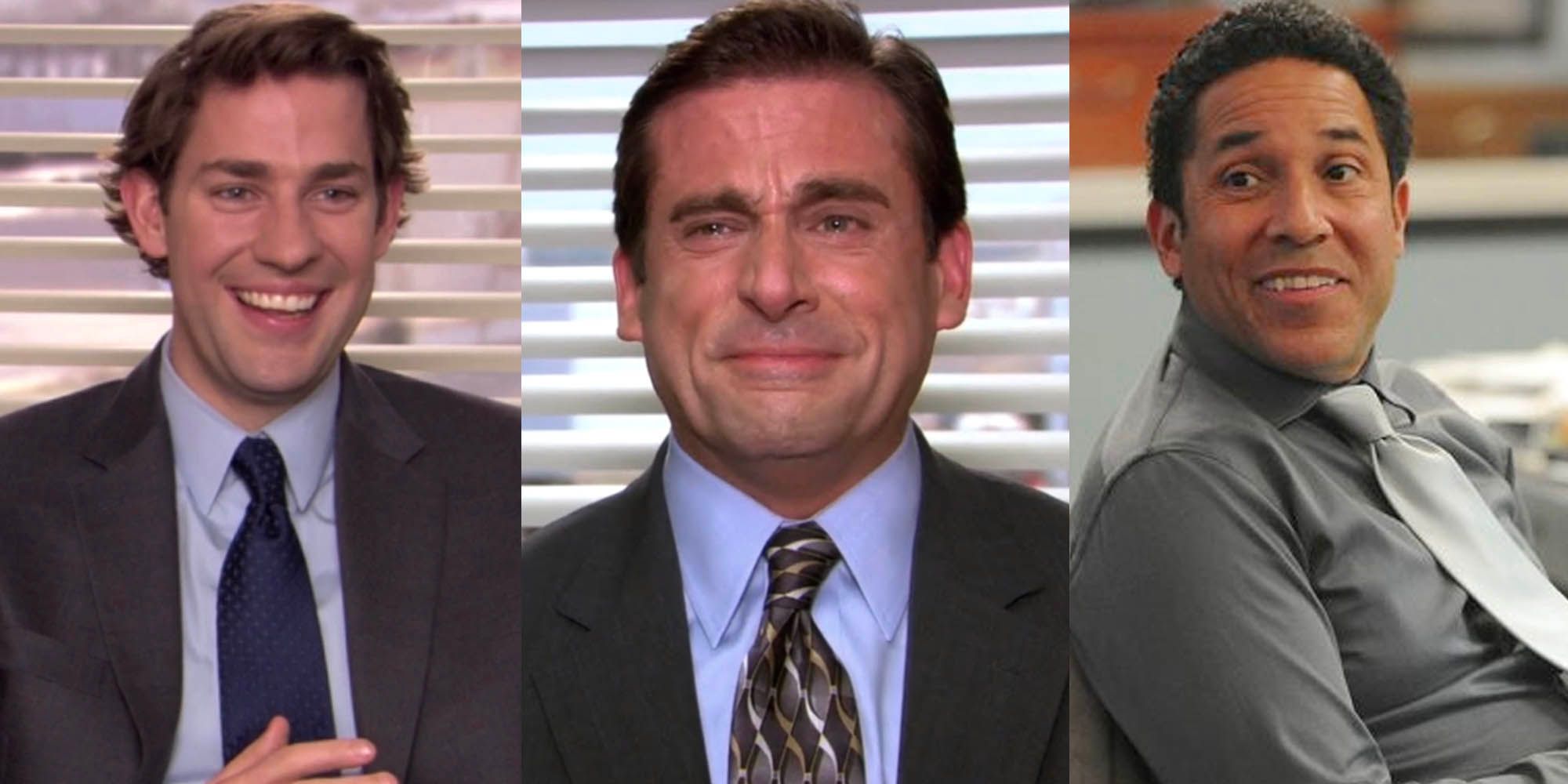 Split image of Jim, Michael and Oscar laughing on The Office