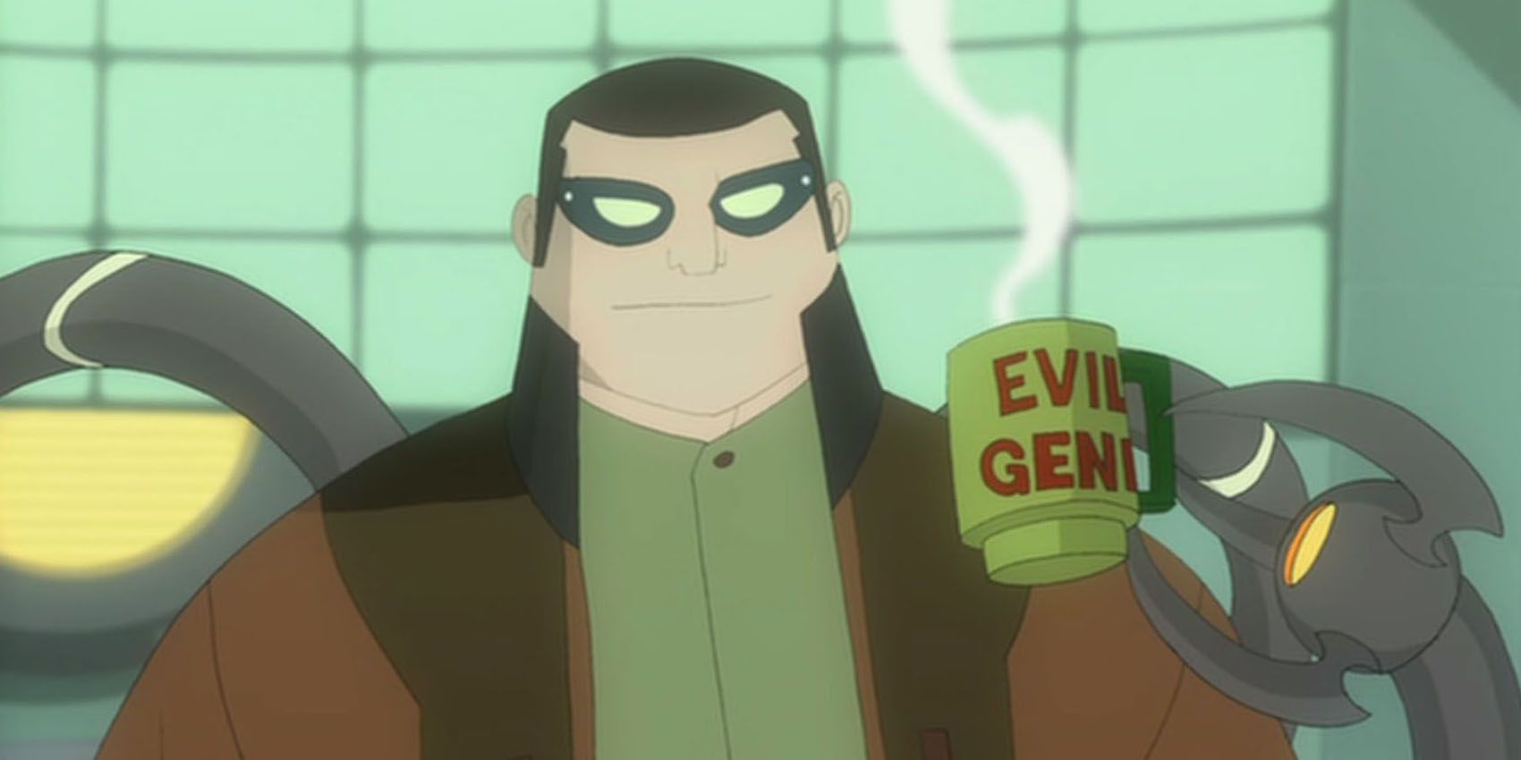Doctor Octopus holds an Evil Genius coffee mug.