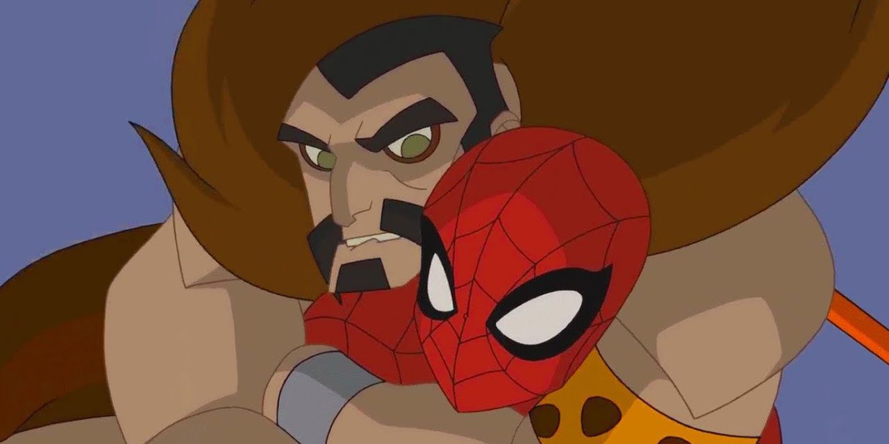 Kraven tries to put Spider-Man in a choke hold.