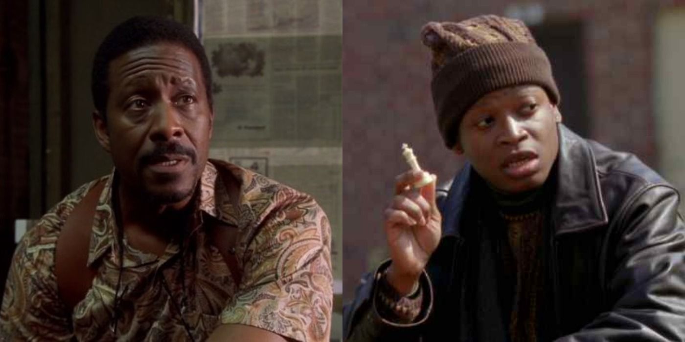 Split image Lester in office and D'Angelo playing chess in The Wire season 1