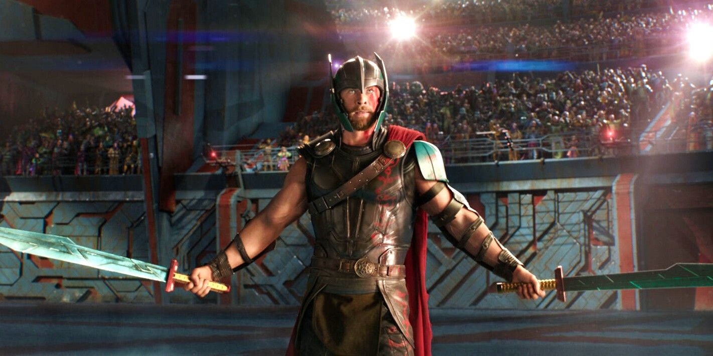 Thor stands ready for battle in an arena in Thor: Ragnarok Ragnarok Arena Swords