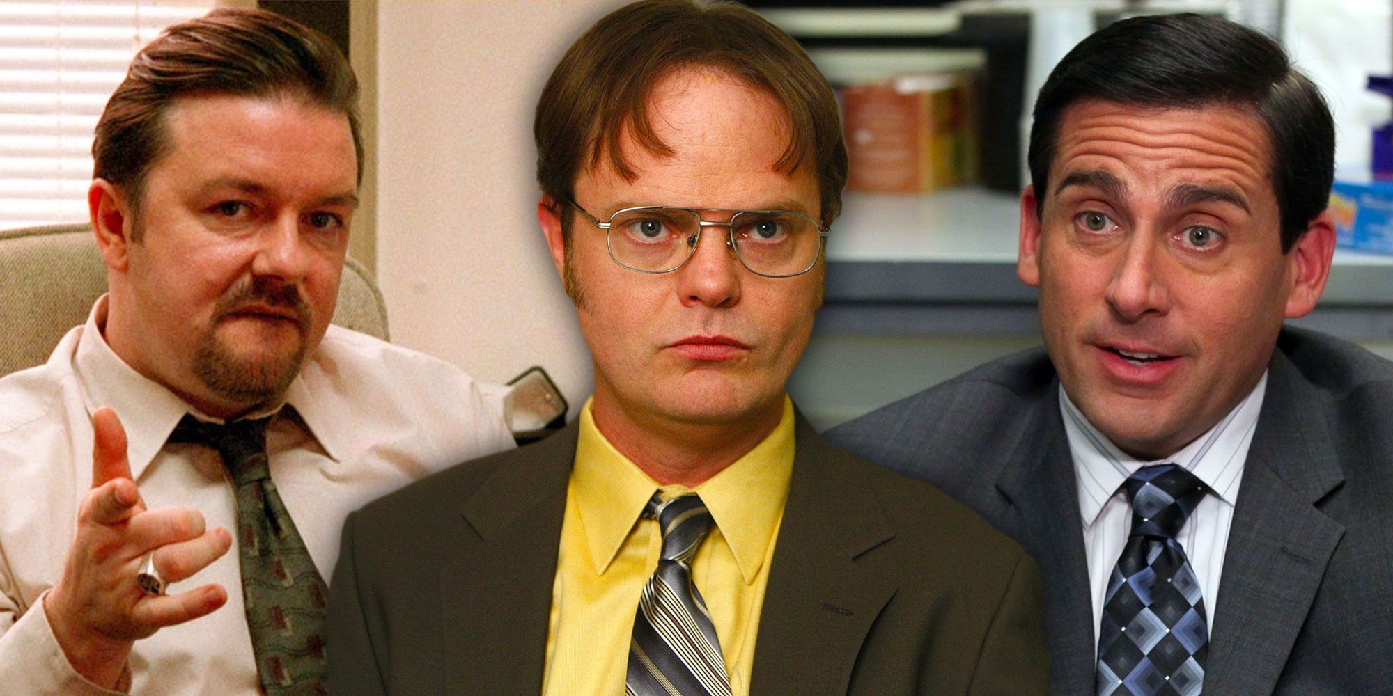 Three side by side images of characters from The Office US & UK