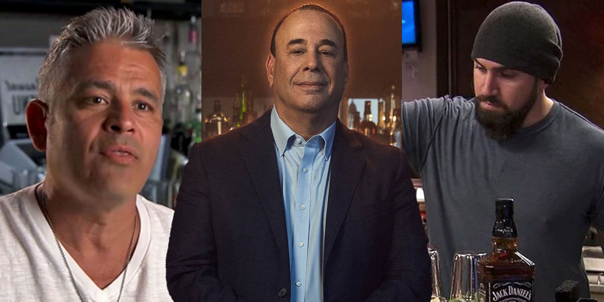 Three split images of John and other bartenders from Bar Rescue