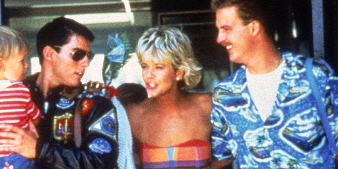 Tom Cruise, Meg Ryan, and Anthony Edwards smiling in Top Gun.