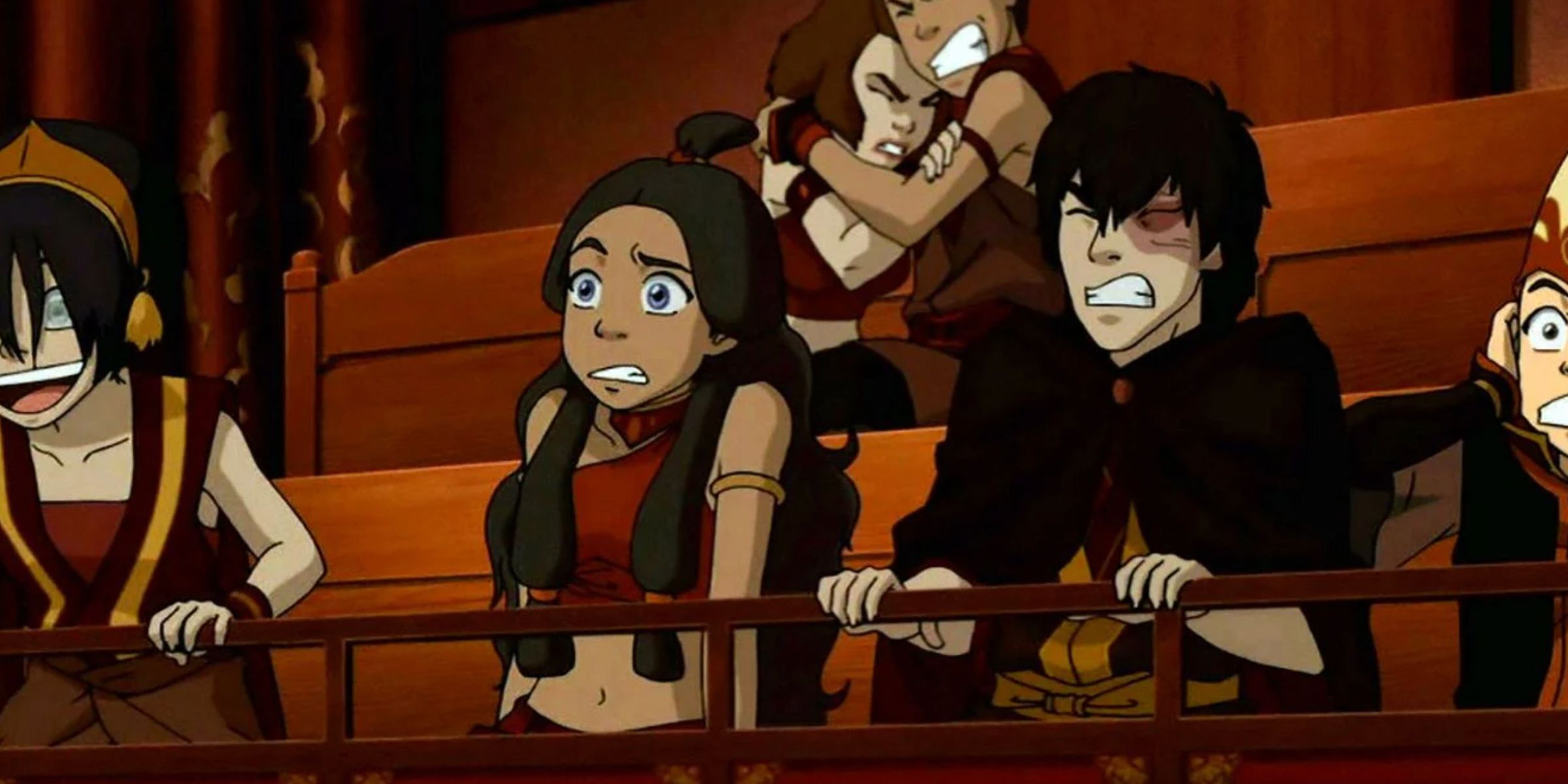Toph, Katara, Suki, Sokka, Zuko, and Aang watch the Ember Island Players in Avatar