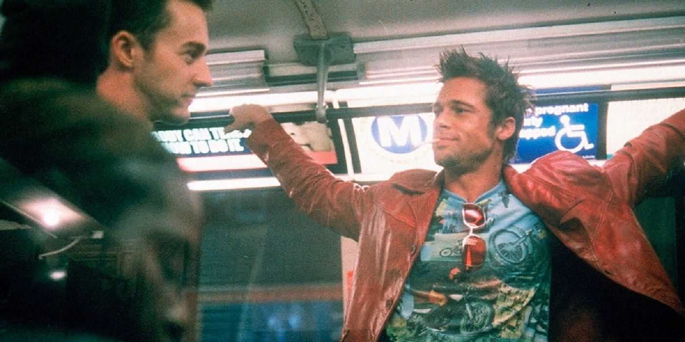 An image of the Narrator and Tyler Durden standing on a train in Fight Club