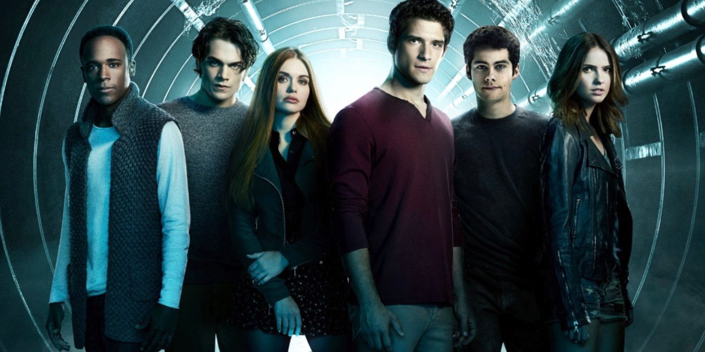 Mason, Liam, Lydia, Scott, Stiles, and Malia in the tunnels under Beacon Hills in a promotional image for the MTV Teen Wolf series