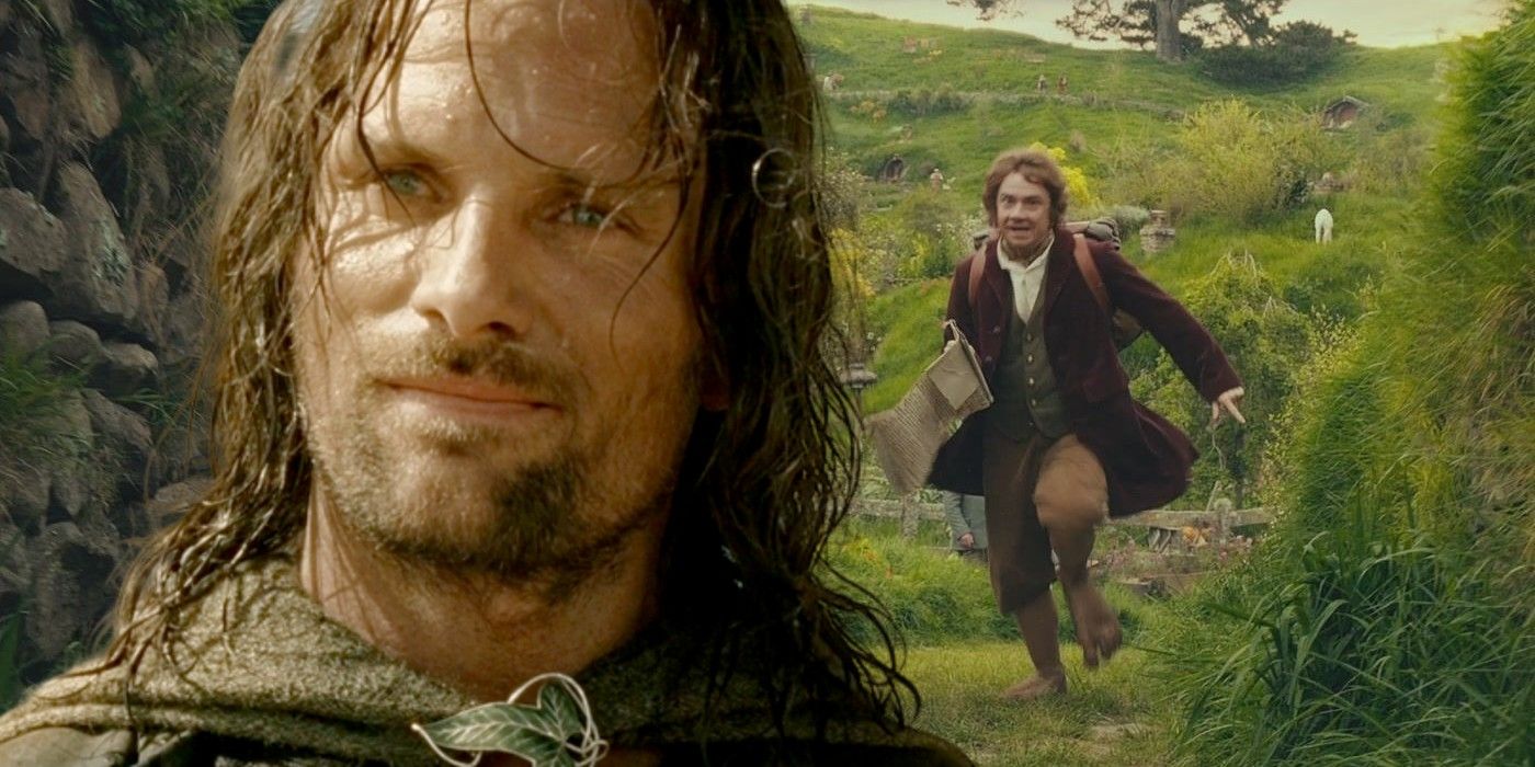 A composite image showing Aragorn in the forefront from Lord of the Rings and Bilbo from The Hobbit in the background. 