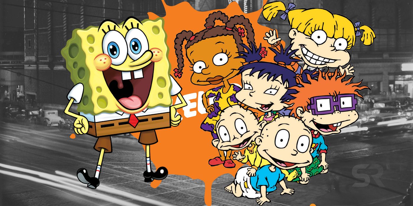 A custom image features Spongebob, the Rugrats, and the Nickelodeon logo over a black and white image of an old theater