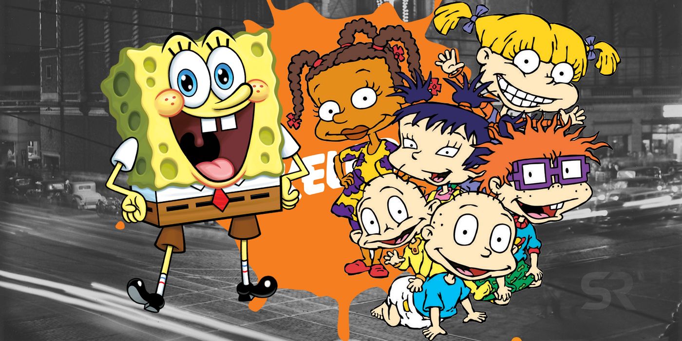 Gambar khusus menampilkan logo Spongebob, Rugrats, dan Nickelodeon di atas gambar hitam putih teater tua