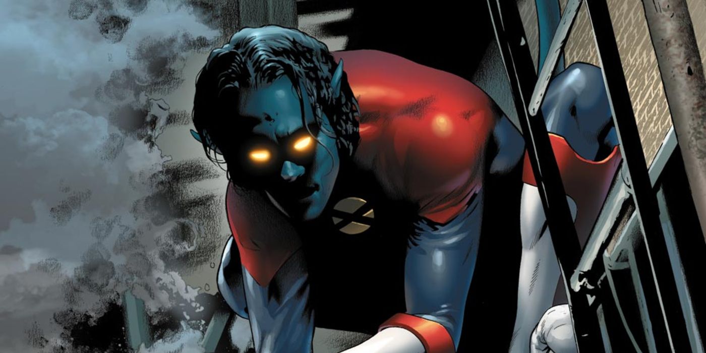 Nightcrawler crouching on the fire escape in Marvel Comics.