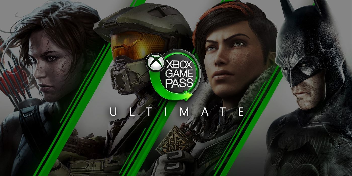 Arte principal do Xbox Game Pass Ultimate com o logotipo na frente dos personagens de Tomb Raider, Halo, Gears of War e Batman: Arkham.