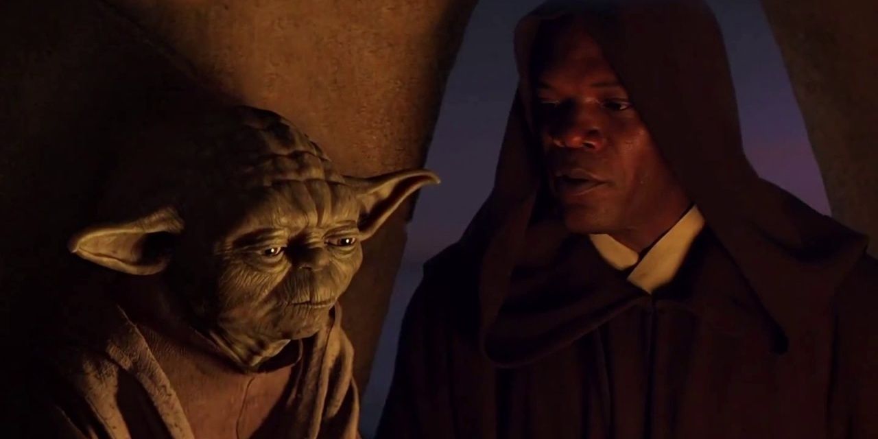 Yoda and Mace Windu at Qui-Gon's funeral in The Phantom Menace