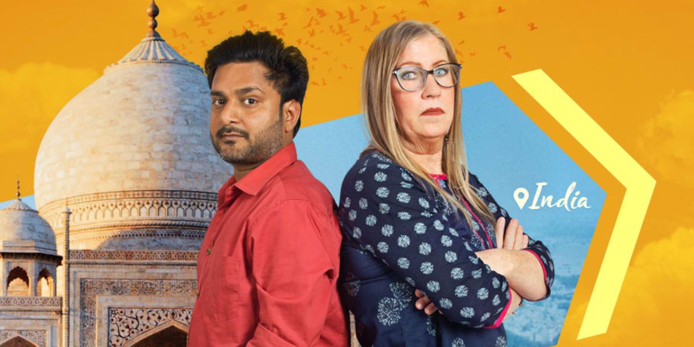 Jenny and Sumit: 90 Day Fiance posing in front of India backdrop