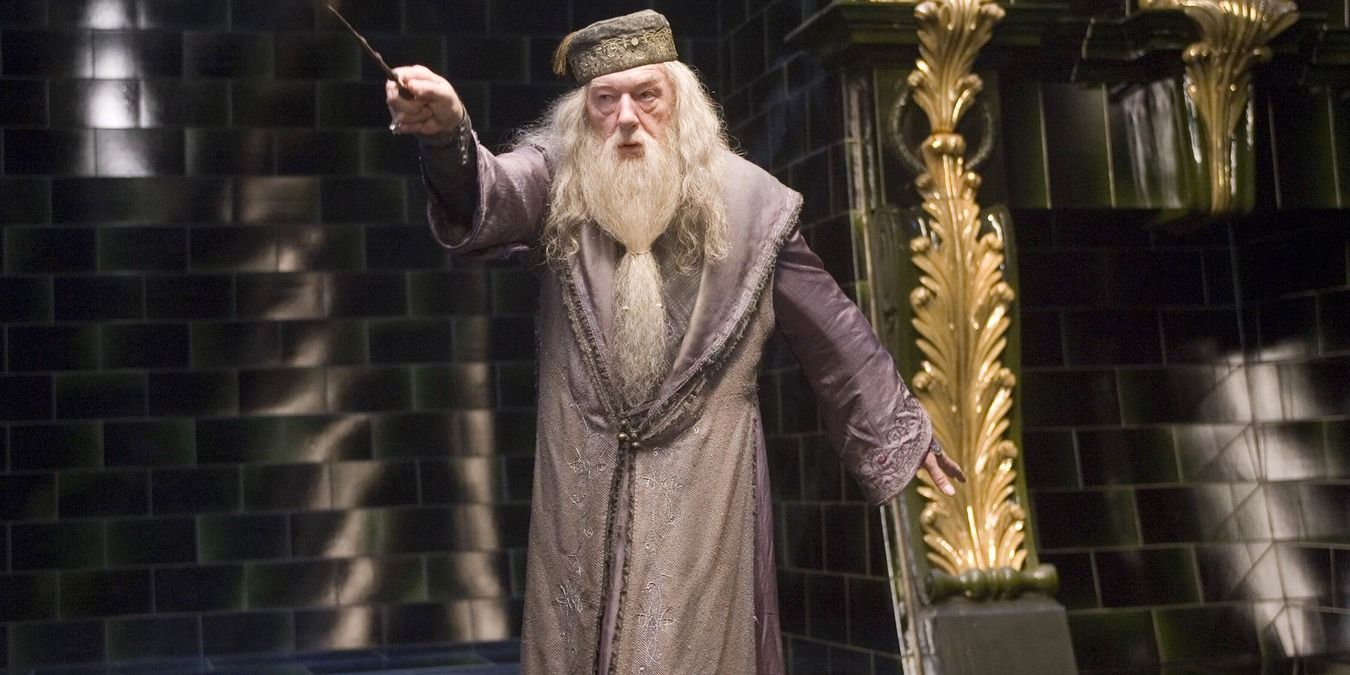 Dumbledore casting a spell in Harry Potter