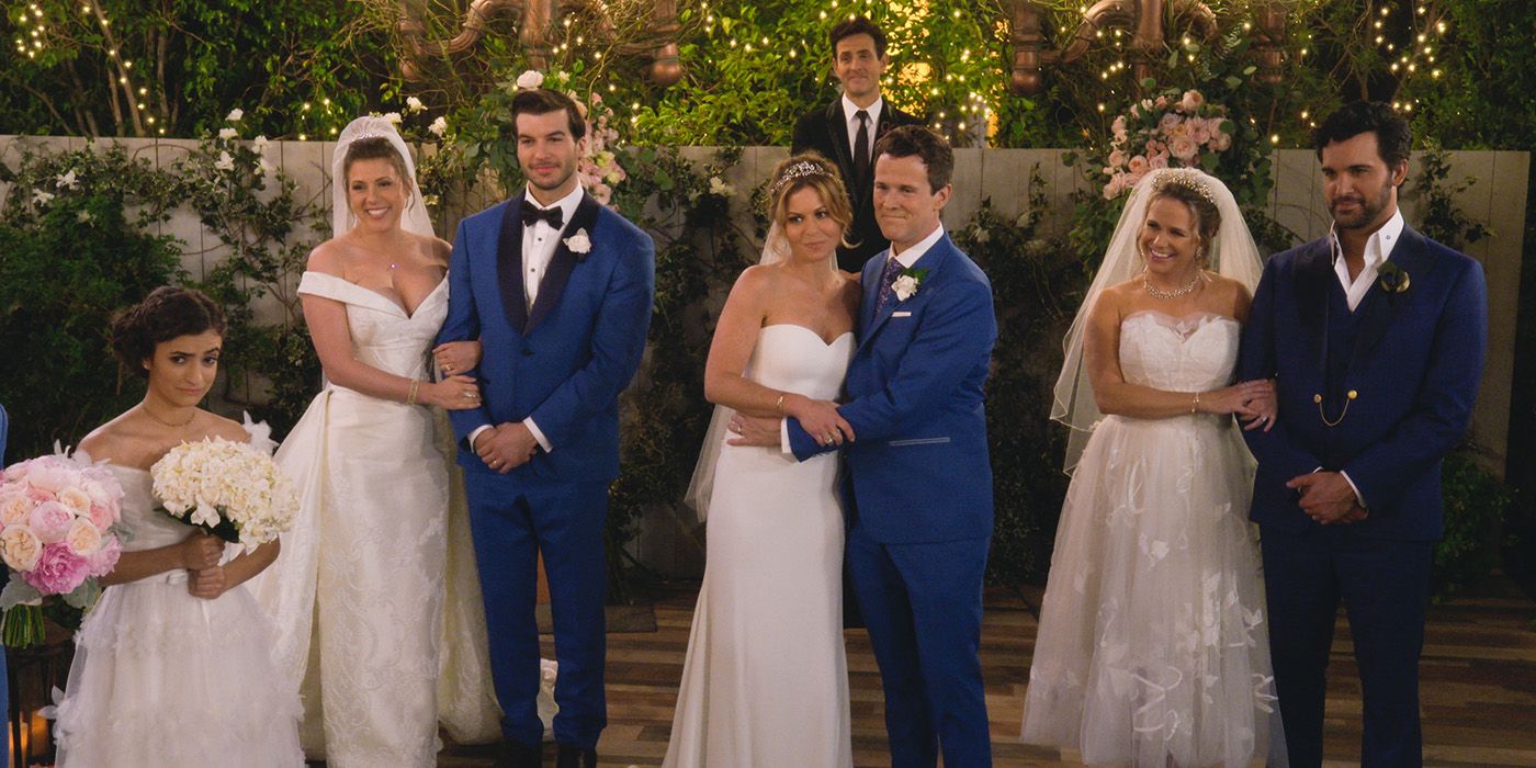DJ (Candace Cameron-Bure) and Stephanie (Jodie Sweeting) and Kimmy Gibbler (Andrea Barber) during their Fuller House wedding to Jimmy Gibbler (Adam Hagenbuch), Steve Hale (Scott Weinger) and Fernando Hernandez-Guerrero-Fernandez-Guerrero's (Juan Pablo Di Pace) 
