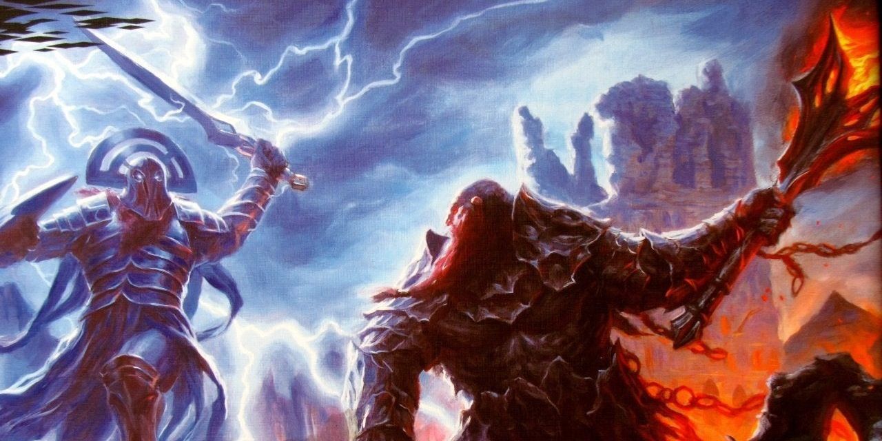 Two giants fighting with thunder and fire in Dungeons & Dragons.