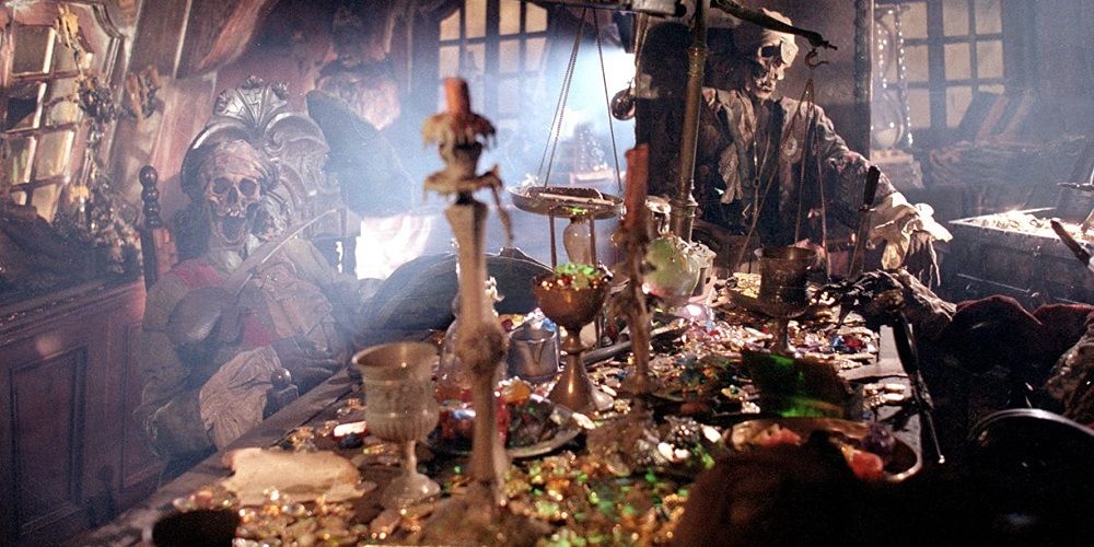 Skeletons and treasure in the pirate ship in The Goonies