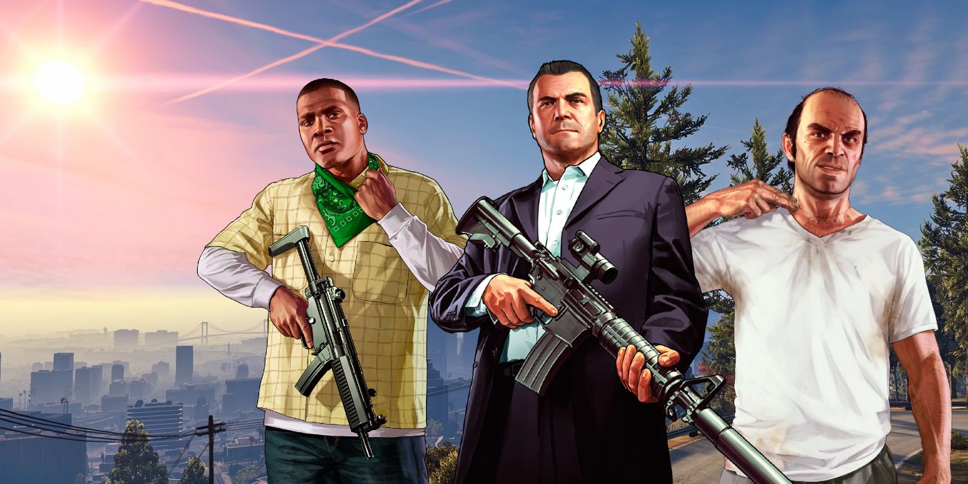 A screenshot showing the main character from Grand Theft Auto V overlooking Los Santos in San Andreas.