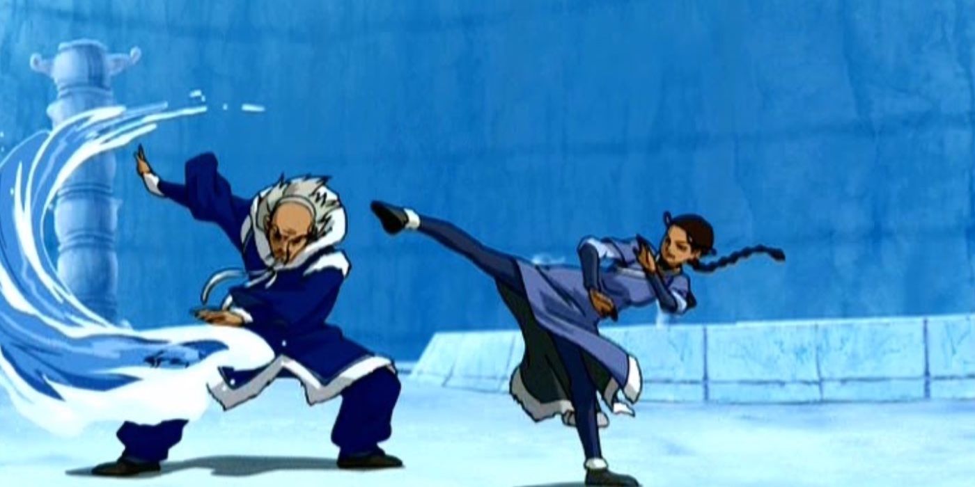 Katara kicking her foot while fighting Pakku in Avatar The Last Airbender season 1