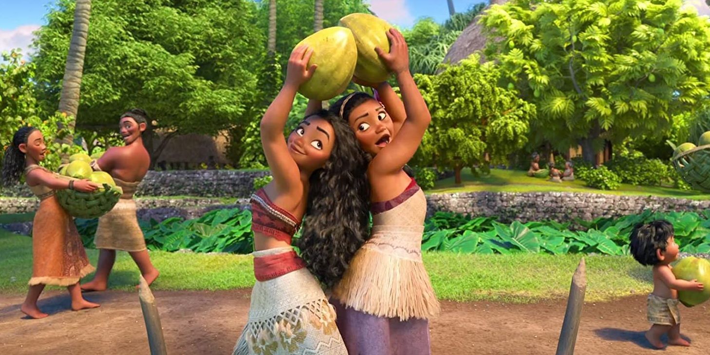 Moana singing with the other islanders while harvesting coconuts.