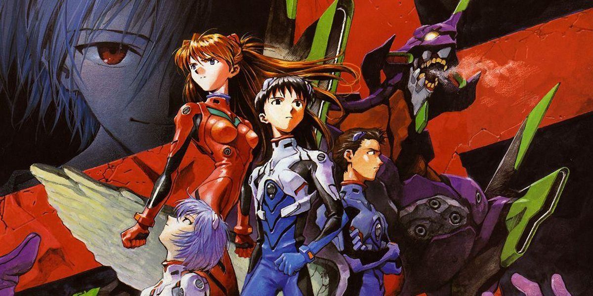 Characters from the Neon Genesis Evangelion in anime key art.